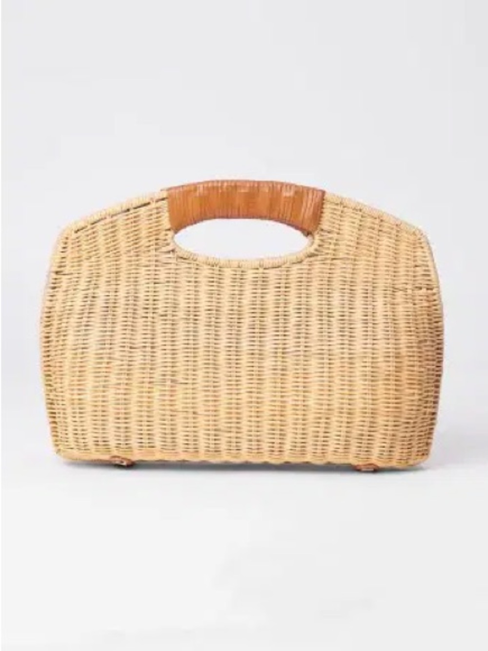J. McLaughlin Woven Wicker Rattan Handbag Leather Handles Striped Lining